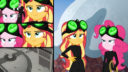 Size: 1920x1080 | Tagged: safe, screencap, pinkie pie, sunset shimmer, better together, equestria girls, holidays unwrapped, catsuit, duo, duo female, female, goggles, imagine spot, night vision goggles, pinkie spy, plusplus, winter break-in