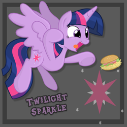 Size: 5790x5790 | Tagged: safe, artist:thebrokencog, derpibooru import, twilight sparkle, twilight sparkle (alicorn), alicorn, pony, absurd resolution, female, hay burger, mare, pounce, smiling, solo, that pony sure does love burgers, tongue out, twilight burgkle, underhoof