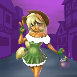 Size: 500x500 | Tagged: safe, artist:romanrazor, applejack, anthro, candy, human facial structure, nightmare night, solo