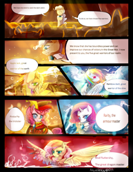 Size: 3000x3882 | Tagged: safe, artist:aquagalaxy, derpibooru import, applejack, fluttershy, mayor mare, pinkie pie, rainbow dash, rarity, earth pony, pegasus, pony, unicorn, comic:a forgotten tragedy, armor, clothes, comic, dialogue, epic, fantasy class, female, mane five, mare, shadowed memories, spread wings, wings