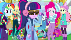 Size: 1440x810 | Tagged: safe, screencap, applejack, fluttershy, pinkie pie, rainbow dash, rarity, sci-twi, sunset shimmer, twilight sparkle, better together, equestria girls, holidays unwrapped, canterlot mall, humane five, humane seven, humane six, plusplus, sunglasses, winter outfit