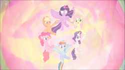 Size: 1747x983 | Tagged: safe, derpibooru import, screencap, applejack, fluttershy, pinkie pie, rainbow dash, rarity, twilight sparkle, twilight sparkle (alicorn), alicorn, earth pony, pegasus, pony, unicorn, the beginning of the end, cropped, ethereal mane, female, floating, glowing eyes, glowing horn, holding hooves, light, magic, magic of friendship, mane six, mare, smiling, spread wings, wings