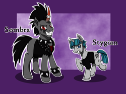 Size: 1800x1350 | Tagged: safe, artist:redahfuhrerking, derpibooru import, king sombra, stygian, pony, unicorn, choker, ear piercing, edgy, horn, horn ring, mohawk, piercing, spiked choker