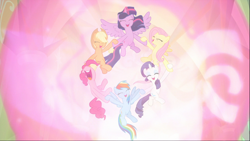 Size: 1746x982 | Tagged: safe, derpibooru import, screencap, applejack, fluttershy, pinkie pie, rainbow dash, rarity, twilight sparkle, twilight sparkle (alicorn), alicorn, earth pony, pegasus, pony, unicorn, the beginning of the end, applejack's hat, cowboy hat, cropped, cute, ethereal mane, eyes closed, female, floating, glowing horn, hat, holding hooves, magic, magic of friendship, mane six, mare, nose in the air, open mouth, smiling, spread wings, wings