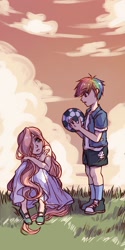 Size: 1000x2000 | Tagged: safe, artist:dez, derpibooru import, fluttershy, rainbow dash, human, clothes, converse, female, flutterdash, football, humanized, lesbian, long skirt, shipping, shirt, shoes, shorts, skirt, sneakers, sports