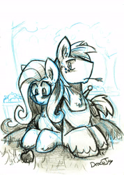 Size: 3936x5535 | Tagged: safe, artist:dracojayproduct, big macintosh, fluttershy, earth pony, pegasus, pony, absurd resolution, apple, blushing, fluttermac, male, prone, shipping, smiling, stallion, straight, traditional art