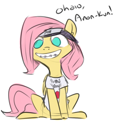 Size: 898x993 | Tagged: safe, artist:nobody, fluttershy, pegasus, pony, scare master, anime, braces, clothes, flutternerd, implied anon, japanese, naruto, no pupils, offscreen character, otaku, otakushy, solo, t-shirt, weeaboo