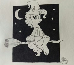 Size: 1220x1080 | Tagged: safe, artist:notenoughapples, pinkie pie, earth pony, pony, broom, clothes, flying, flying broomstick, hat, inktober, monochrome, solo, traditional art, witch