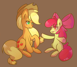 Size: 804x702 | Tagged: safe, artist:mimtii, apple bloom, applejack, earth pony, pony, blonde hair, female, filly, mare, orange coat, red mane, sisters