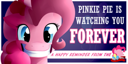 Size: 2048x1024 | Tagged: safe, artist:overmare, pinkie pie, earth pony, pony, fallout equestria, fanfic, fanfic art, female, forever, looking at you, mare, ministry mares, ministry of morale, pinkie pie is watching you, poster, propaganda, smiling, solo, teeth, text