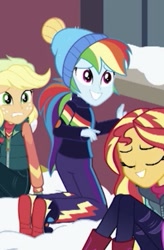 Size: 293x448 | Tagged: safe, screencap, applejack, rainbow dash, sunset shimmer, better together, equestria girls, holidays unwrapped, blizzard or bust, cropped, cute, dashabetes, snow, window, winter outfit