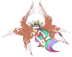 Size: 3684x2952 | Tagged: safe, artist:beardie, princess celestia, alicorn, pony, seraph, seraphicorn, female, flying, glare, mare, multiple wings, open mouth, simple background, solo, spread wings, transparent background