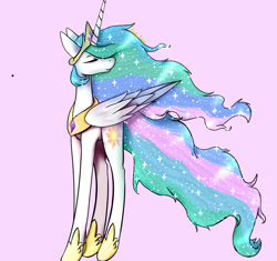 Size: 1080x1017 | Tagged: safe, artist:candystarkitty, princess celestia, alicorn, pony, eyes closed, flowing mane, hair over one eye, impossibly long legs, pink background, simple background, smiling, solo