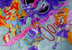 Size: 1024x714 | Tagged: safe, artist:malevolentsamson, adagio dazzle, midnight sparkle, nightmare rarity, rarity, sci-twi, sunset shimmer, twilight sparkle, equestria girls, friendship games, rainbow rocks, equestria's monster girls, fiery shimmer, fight, fire, ponied up, traditional art