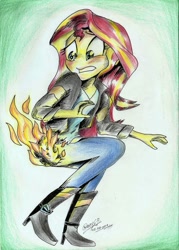 Size: 756x1058 | Tagged: safe, artist:3500joel, sunset shimmer, equestria girls, burned butt, butt, butt fire, caption, fiery shimmer, fire, irony, literal butthurt, ouch, plot, text, this ended in fire, this will end in pain, traditional art