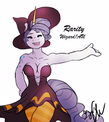 Size: 3099x3451 | Tagged: safe, artist:shellielle, rarity, anthro, unicorn, alternate universe, armpits, breasts, female, hat, looking at you, mare, smiling, solo, witch hat