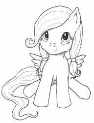 Size: 2150x2800 | Tagged: safe, artist:bigmacintosh2000, fluttershy, pegasus, pony, alternate hairstyle, cute, filly, filly fluttershy, looking at you, looking up, monochrome, pigtails, shyabetes, sitting, smiling, solo, traditional art