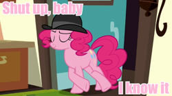 Size: 720x404 | Tagged: safe, edit, edited screencap, screencap, pinkie pie, earth pony, pony, mmmystery on the friendship express, bender bending rodriguez, futurama, image macro, meme, pink text, solo