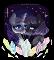 Size: 1600x1782 | Tagged: safe, artist:microwaved-box, maud pie, rarity, pony, unicorn, crystal, female, lesbian, rarimaud, shipping, story included