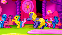 Size: 1280x720 | Tagged: safe, screencap, cotton candy (g3), daisyjo, pinkie pie, starbeam, sweetberry, earth pony, pony, g3, the princess promenade, a princess is in town, animation error, petal parlor