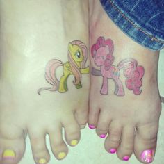 Size: 236x236 | Tagged: source needed, useless source url, safe, fluttershy, pinkie pie, human, barefoot, clothes, feet, hoofbump, irl, irl human, jeans, nail polish, photo, tattoo