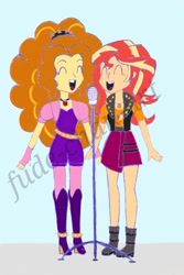 Size: 808x1212 | Tagged: safe, artist:fude-chan-art, adagio dazzle, sunset shimmer, equestria girls, duet, duo, eyes closed, female, microphone, simple background, singing