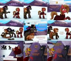 Size: 2106x1804 | Tagged: safe, artist:wiggles, derpibooru import, king sombra, oc, oc:coffee talk, oc:dominus, oc:pun, oc:supremus longhorn, changeling, pony, amputee, ask, ask king sombra, ask pun, brown changeling, female, magic, magic limbs, mare, rock, saddle bag, snow, tumblr