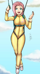 Size: 1355x2500 | Tagged: safe, artist:dakuroihoshi, fluttershy, human, air ponyville, breasts, clothes, female, flying, hootershy, humanized, jumpsuit, parachute, skydiving, solo