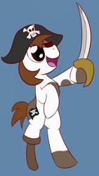 Size: 506x900 | Tagged: safe, artist:whatsapokemon, pipsqueak, pony, amputee, bicorne, bipedal, hat, peg leg, pirate, prosthetic leg, prosthetic limb, prosthetics, simple background, solo, sword, weapon