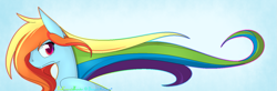 Size: 1487x490 | Tagged: safe, artist:alphaaquilae, derpibooru import, rainbow dash, pegasus, pony, beautiful, blue background, cute, dashabetes, female, long mane, mare, signature, simple background, solo, watermark, windswept mane