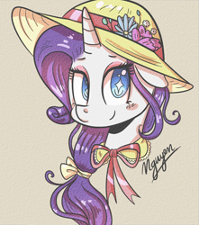 Size: 2188x2478 | Tagged: safe, artist:littlefish101, rarity, pony, unicorn, alternate hairstyle, beautiful, blushing, bow, bust, clothes, cute, dress, elegant, hair bow, hat, portrait, raribetes, simple background, smiling, solo, starry eyes, sun hat, wingding eyes