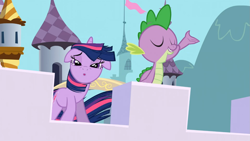 Size: 1365x768 | Tagged: safe, derpibooru import, screencap, spike, twilight sparkle, dragon, the crystal empire, looking at you