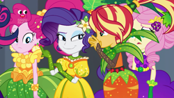 Size: 1912x1080 | Tagged: safe, screencap, fluttershy, pinkie pie, rarity, sci-twi, sunset shimmer, twilight sparkle, better together, equestria girls, holidays unwrapped, clothes, cornucopia costumes, costume, o come all ye squashful, offscreen character, plusplus