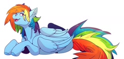 Size: 1844x878 | Tagged: safe, artist:1an1, derpibooru import, rainbow dash, pegasus, pony, colored hooves, cute, dashabetes, ear fluff, eye clipping through hair, lying down, simple background, solo, white background