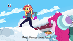 Size: 1912x1080 | Tagged: artist needed, source needed, safe, edit, edited screencap, screencap, pinkie pie, sunset shimmer, human, better together, equestria girls, holidays unwrapped, 1000 hours in ms paint, angry, battle stance, beanie, boots, butt, clenched fist, clothes, cloud, cryllic, cyrillic, day, dessert, determined, dialogue, exclamation point, eyelashes, female, food, gloves, hat, holding, implied flash sentry, jacket, logo, ms paint, ms paint adventures, open mouth, outdoors, pants, pastry, plusplus, pocket, pockets, pointing, pointing at self, ripped, ripped pants, ripping clothes, scarf, shoes, sky, snow, snowball, snowball fight, souffle, standing, subtitles, symbol, talking, teeth, text, ukraine, ukrainian, wall of tags, watermark, woman, yelling