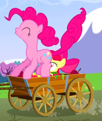 Size: 464x552 | Tagged: safe, screencap, apple bloom, pinkie pie, earth pony, pony, too many pinkie pies, cart, cropped, eyes closed, female, filly, mare, out of context
