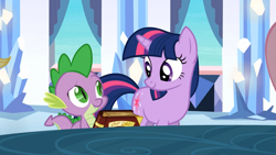 Size: 1365x768 | Tagged: safe, derpibooru import, screencap, spike, twilight sparkle, dragon, the crystal empire