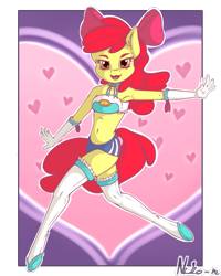 Size: 901x1125 | Tagged: safe, artist:neko-me, apple bloom, anthro, earth pony, unguligrade anthro, abstract background, action pose, apple bloomed, apple bloomers, armpits, bandeau, belly button, bow, breasts, clothes, female, gloves, hair bow, heart, long gloves, looking at you, midriff, older, open mouth, shorts, solo, stockings, thigh highs