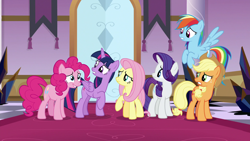 Size: 1920x1080 | Tagged: safe, derpibooru import, screencap, applejack, fluttershy, pinkie pie, rainbow dash, rarity, twilight sparkle, twilight sparkle (alicorn), alicorn, earth pony, pegasus, pony, unicorn, the beginning of the end, mane six