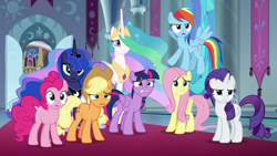 Size: 1920x1080 | Tagged: safe, derpibooru import, screencap, applejack, fluttershy, pinkie pie, princess celestia, princess luna, rainbow dash, rarity, twilight sparkle, twilight sparkle (alicorn), alicorn, earth pony, pegasus, pony, unicorn, the beginning of the end, mane six