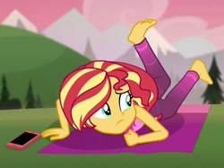 Size: 593x444 | Tagged: safe, screencap, sunset shimmer, better together, equestria girls, wake up!, wake up!: rainbow dash, cellphone, cropped, feet, phone, smartphone, solo, yoga, yoga pose