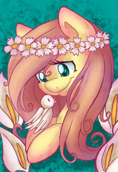 Size: 1280x1860 | Tagged: safe, artist:abbystarling, fluttershy, bird, pegasus, pony, floral head wreath, flower, solo