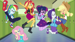 Size: 1920x1080 | Tagged: safe, screencap, applejack, fluttershy, rainbow dash, rarity, sci-twi, sunset shimmer, twilight sparkle, better together, do it for the ponygram!, equestria girls, applejack's hat, canterlot high, clothes, converse, cowboy hat, cute, geode of fauna, geode of shielding, geode of super speed, geode of telekinesis, group photo, happy, hat, jumping, magical geodes, pencil skirt, photo, pose, selfie, shoes, shy, shyabetes, skirt, twiabetes