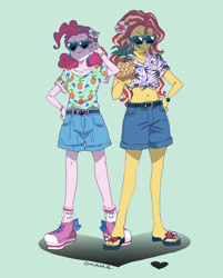 Size: 1659x2064 | Tagged: safe, artist:5mmumm5, pinkie pie, sunset shimmer, equestria girls, belly button, belt, clothes, converse, duo, female, front knot midriff, glasses, hawaiian shirt, midriff, sandals, shirt, shoes, shorts, sneakers