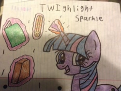 Size: 2592x1936 | Tagged: safe, artist:pizzamovies, derpibooru import, twilight sparkle, book, colored, magic, note, open mouth, smiling, solo, telekinesis, traditional art