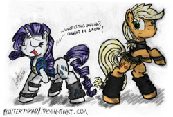 Size: 1400x944 | Tagged: safe, artist:flutterthrash, applejack, rarity, earth pony, pony, unicorn, anthrax, bracelet, female, heavy metal, leg warmers, lesbian, metal, mosh pit, rarijack, shipping, spiked wristband, spikes, thrash metal