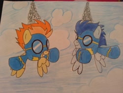 Size: 640x480 | Tagged: safe, artist:dangerhurricane, derpibooru import, soarin', spitfire, flying, traditional art