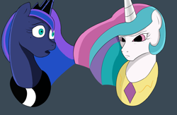 Size: 2000x1300 | Tagged: safe, artist:gusty glade, princess celestia, princess luna, alicorn, pony, bust, disappointed, jewelry, regalia, royal sisters, shocked