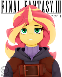 Size: 1600x2000 | Tagged: safe, artist:jessesmash32, sunset shimmer, anthro, bust, clothes, crossover, final fantasy, final fantasy iii, smiling, solo, sweater