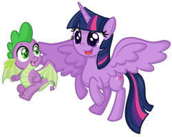 Size: 2829x2253 | Tagged: safe, artist:thecheeseburger, derpibooru import, spike, twilight sparkle, twilight sparkle (alicorn), alicorn, dragon, pony, cute, female, flying, happy, hilarious in hindsight, male, mare, winged spike, wings